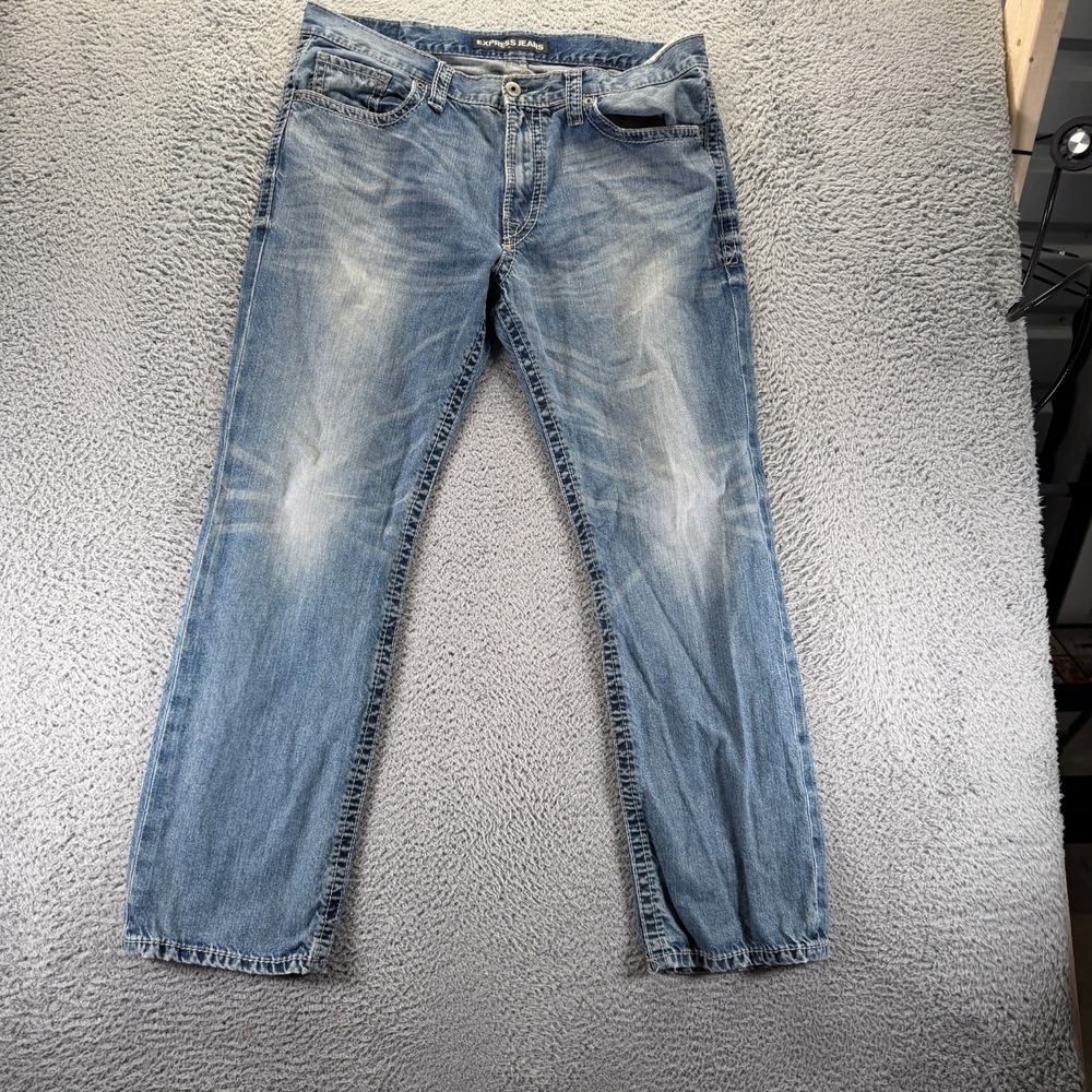 Express Blake Jeans Mens 38x34 Blue Cotton Denim Bootcut Loose Workwear Travel